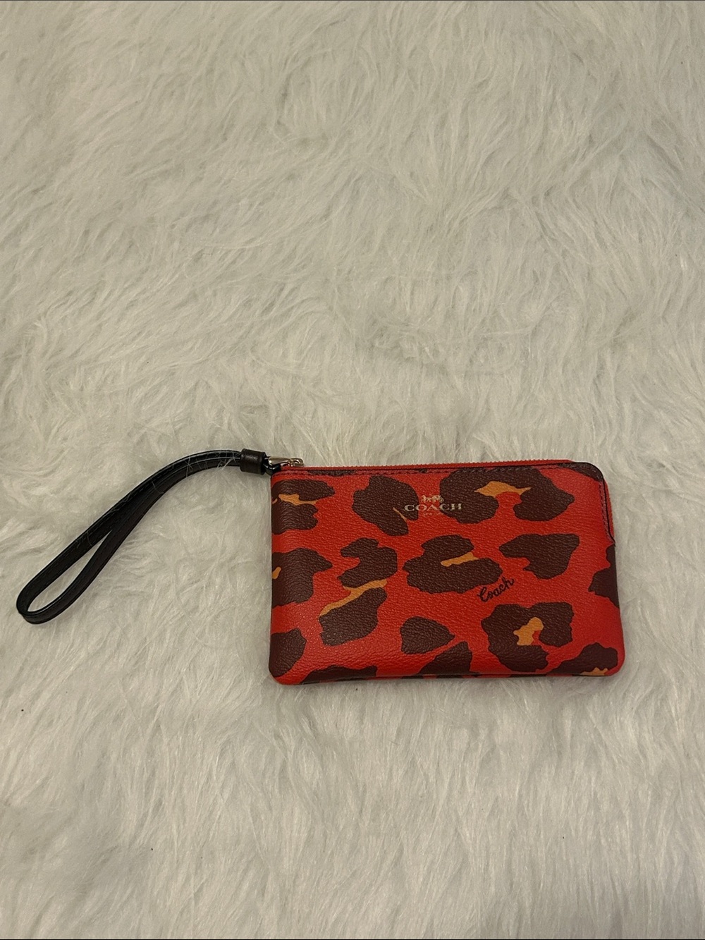Coach Red and Brown Leopard Print Leather Wristlet